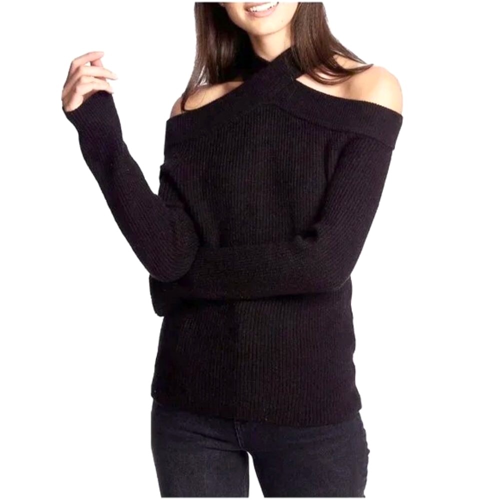 New 1. STATE Cold Shoulder Crossover Neck Halter Long Sleeve Black Sweater XXL